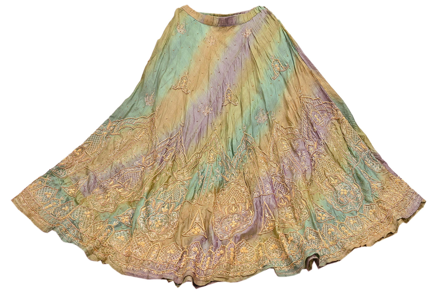 Indian Vintage Green & Purple Pure Silk Hand Embroidered Skirt Bridal Party Wear Bollywood Lehenga Zardozi/ Dabka, Zari