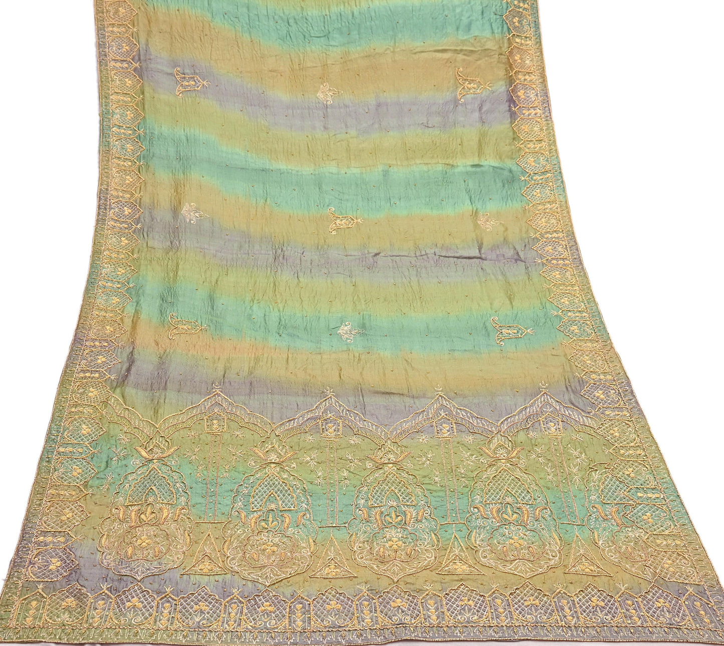 Indian Vintage Green & Purple Dupatta Pure Silk Long Stole Hand Embroidered Scarves Sequins Veil Wrap Hijab