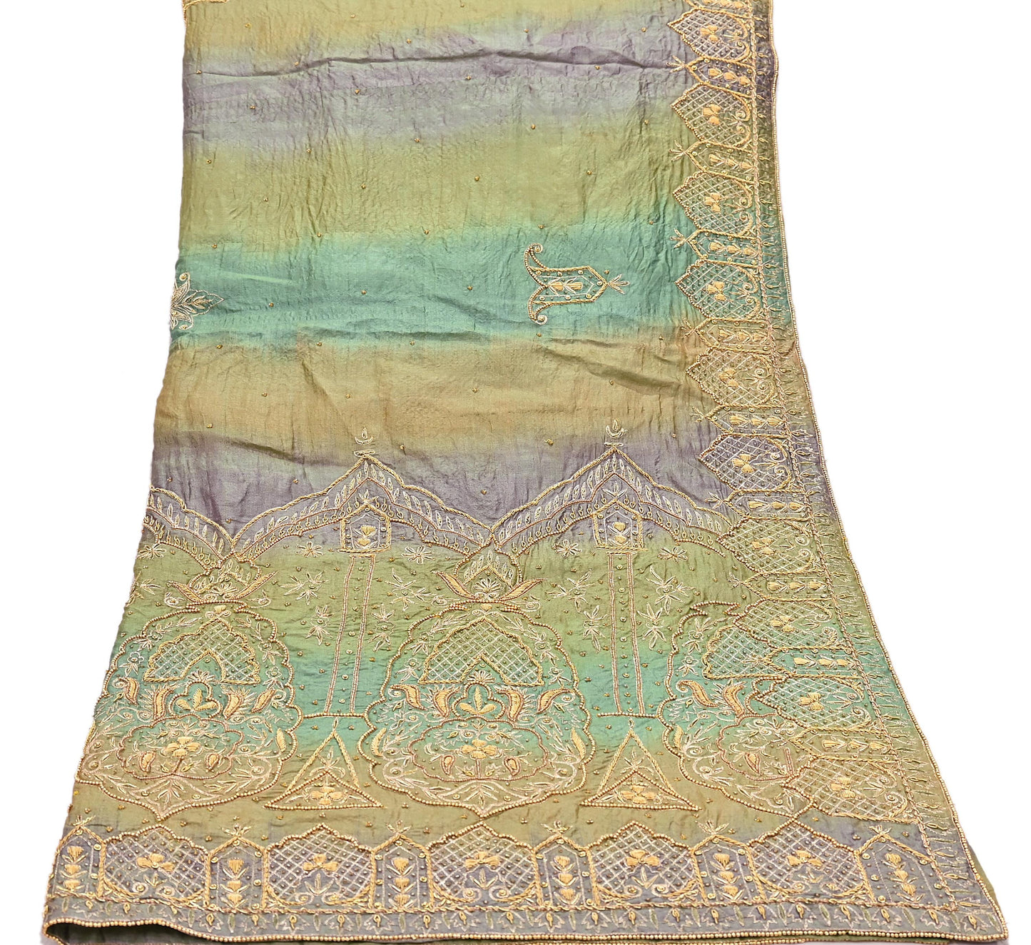 Indian Vintage Green & Purple Dupatta Pure Silk Long Stole Hand Embroidered Scarves Sequins Veil Wrap Hijab