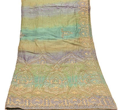 Indian Vintage Green & Purple Dupatta Pure Silk Long Stole Hand Embroidered Scarves Sequins Veil Wrap Hijab