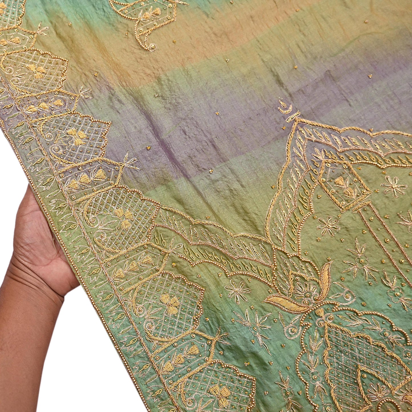 Indian Vintage Green & Purple Dupatta Pure Silk Long Stole Hand Embroidered Scarves Sequins Veil Wrap Hijab