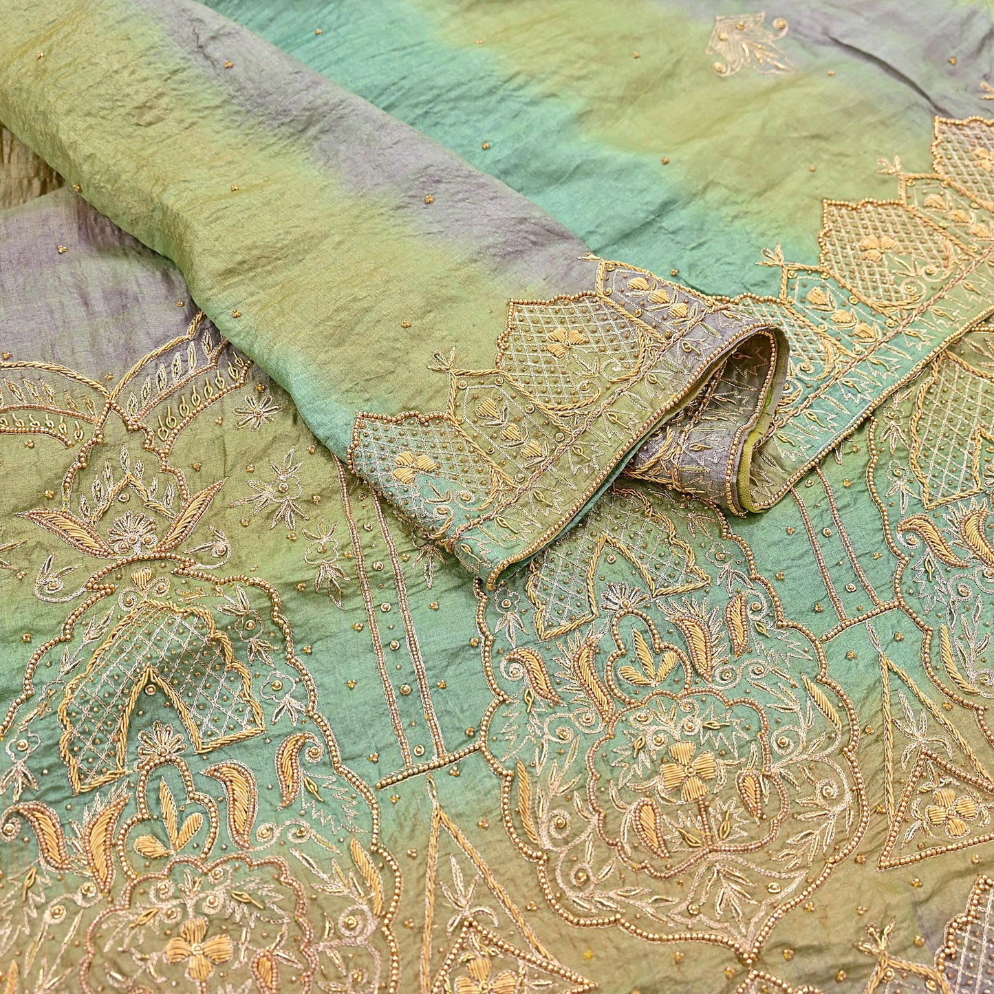 Indian Vintage Green & Purple Dupatta Pure Silk Long Stole Hand Embroidered Scarves Sequins Veil Wrap Hijab