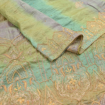 Indian Vintage Green & Purple Dupatta Pure Silk Long Stole Hand Embroidered Scarves Sequins Veil Wrap Hijab