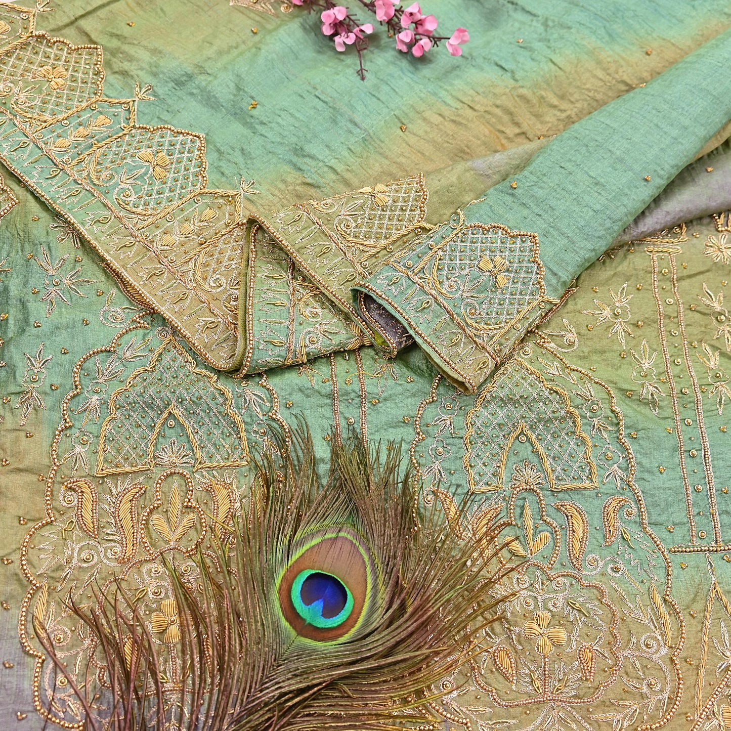 Indian Vintage Green & Purple Dupatta Pure Silk Long Stole Hand Embroidered Scarves Sequins Veil Wrap Hijab