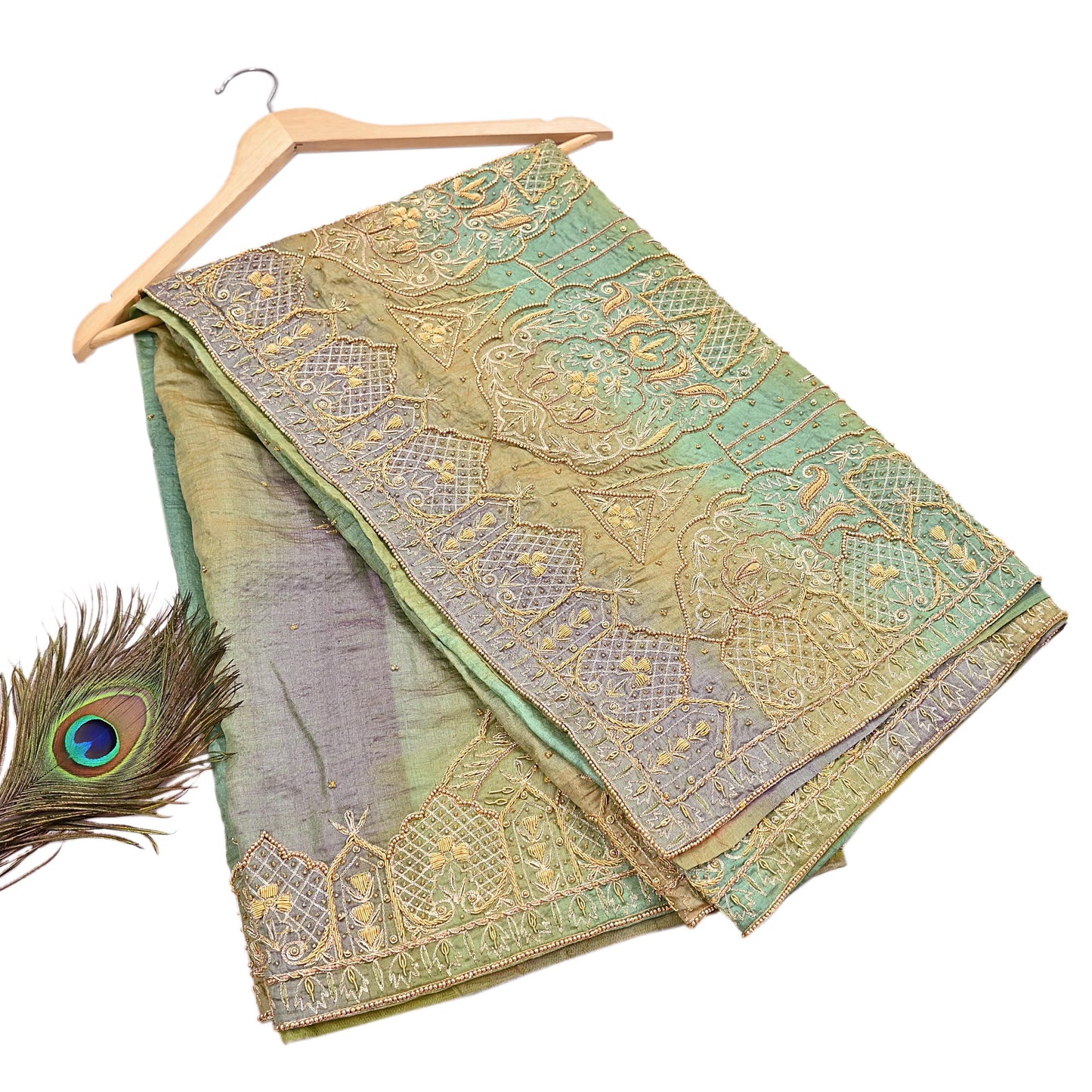 Indian Vintage Green & Purple Dupatta Pure Silk Long Stole Hand Embroidered Scarves Sequins Veil Wrap Hijab