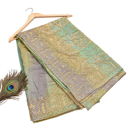 Indian Vintage Green & Purple Dupatta Pure Silk Long Stole Hand Embroidered Scarves Sequins Veil Wrap Hijab