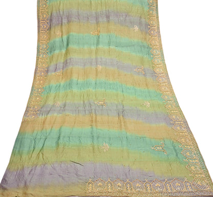 Indian Vintage Green & Purple Dupatta Pure Silk Long Stole Hand Embroidered Scarves Sequins Veil Wrap Hijab