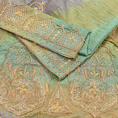 Indian Vintage Green & Purple Dupatta Pure Silk Long Stole Hand Embroidered Scarves Sequins Veil Wrap Hijab