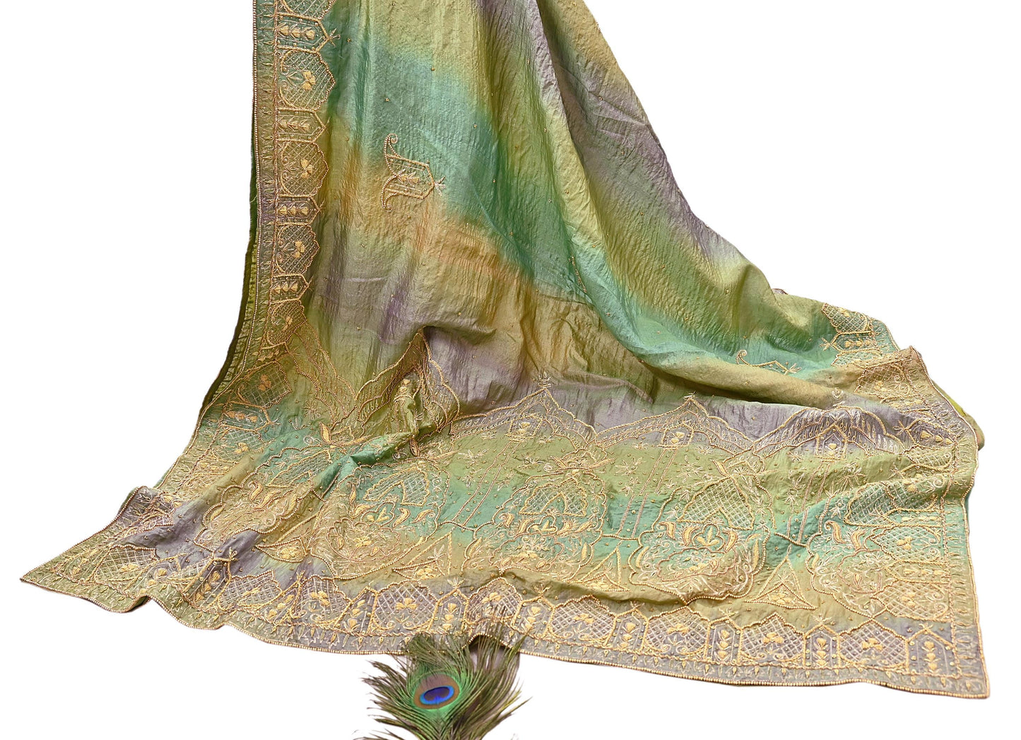 Indian Vintage Green & Purple Dupatta Pure Silk Long Stole Hand Embroidered Scarves Sequins Veil Wrap Hijab