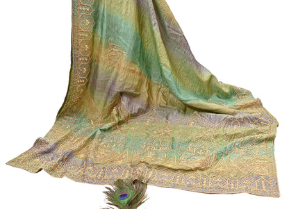 Indian Vintage Green & Purple Dupatta Pure Silk Long Stole Hand Embroidered Scarves Sequins Veil Wrap Hijab