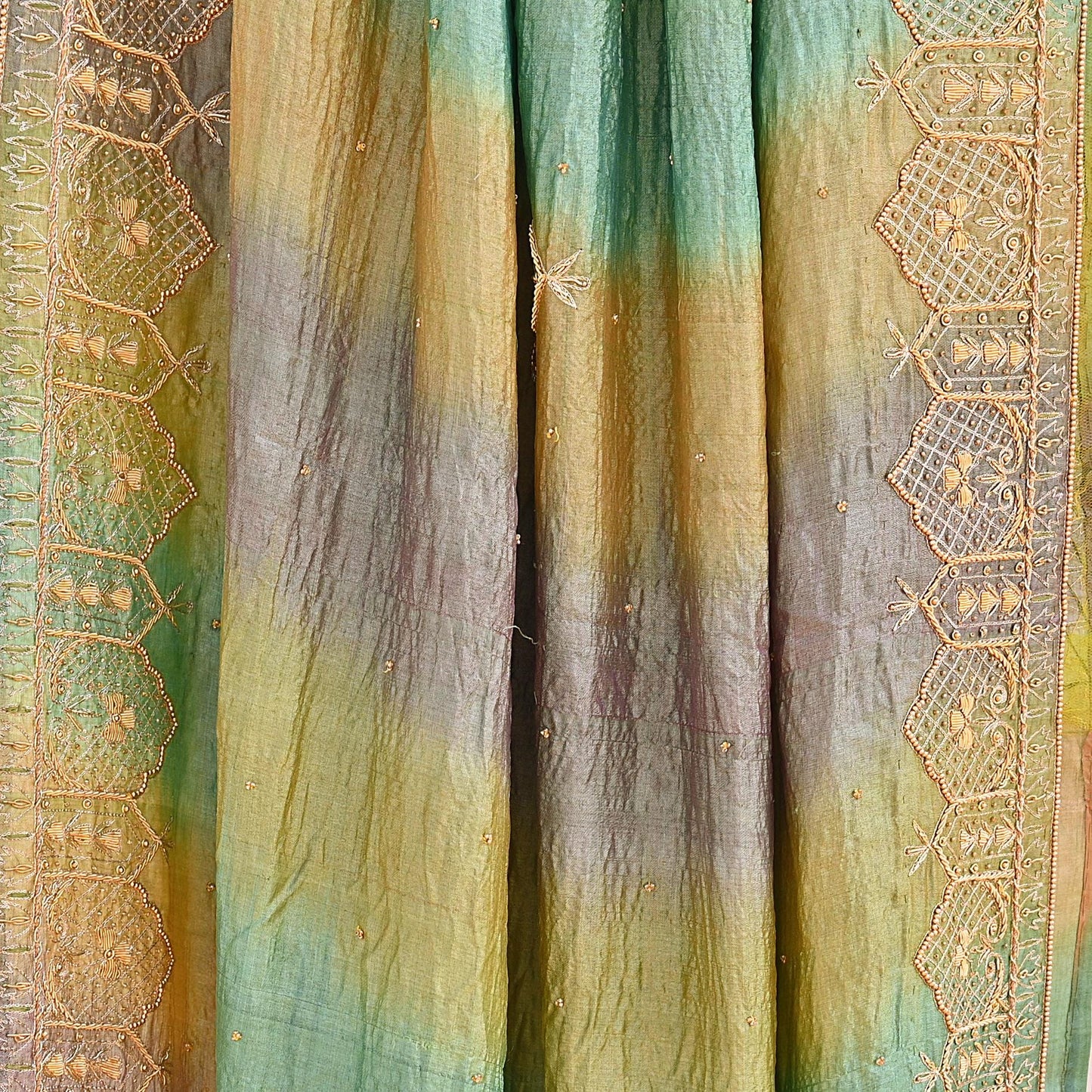 Indian Vintage Green & Purple Dupatta Pure Silk Long Stole Hand Embroidered Scarves Sequins Veil Wrap Hijab