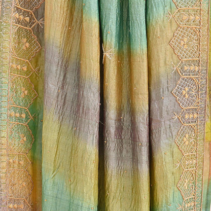 Indian Vintage Green & Purple Dupatta Pure Silk Long Stole Hand Embroidered Scarves Sequins Veil Wrap Hijab