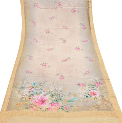 Women Indian Vintage gray ivory Dupatta Long Stole Pure silk Digital Printed Dupatta Veil Scarves soft Boho Wrap Dressmaking Zari Border