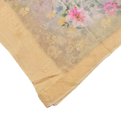 Women Indian Vintage gray ivory Dupatta Long Stole Pure silk Digital Printed Dupatta Veil Scarves soft Boho Wrap Dressmaking Zari Border