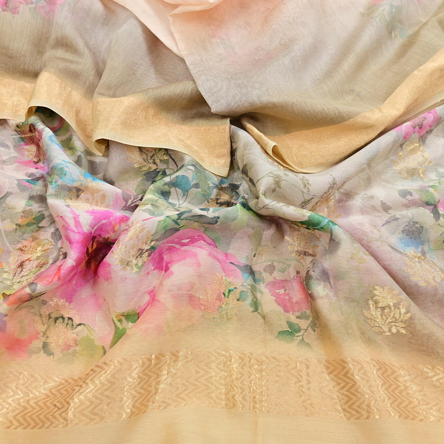 Women Indian Vintage gray ivory Dupatta Long Stole Pure silk Digital Printed Dupatta Veil Scarves soft Boho Wrap Dressmaking Zari Border