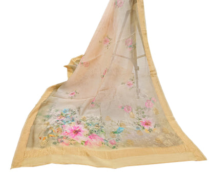 Women Indian Vintage gray ivory Dupatta Long Stole Pure silk Digital Printed Dupatta Veil Scarves soft Boho Wrap Dressmaking Zari Border