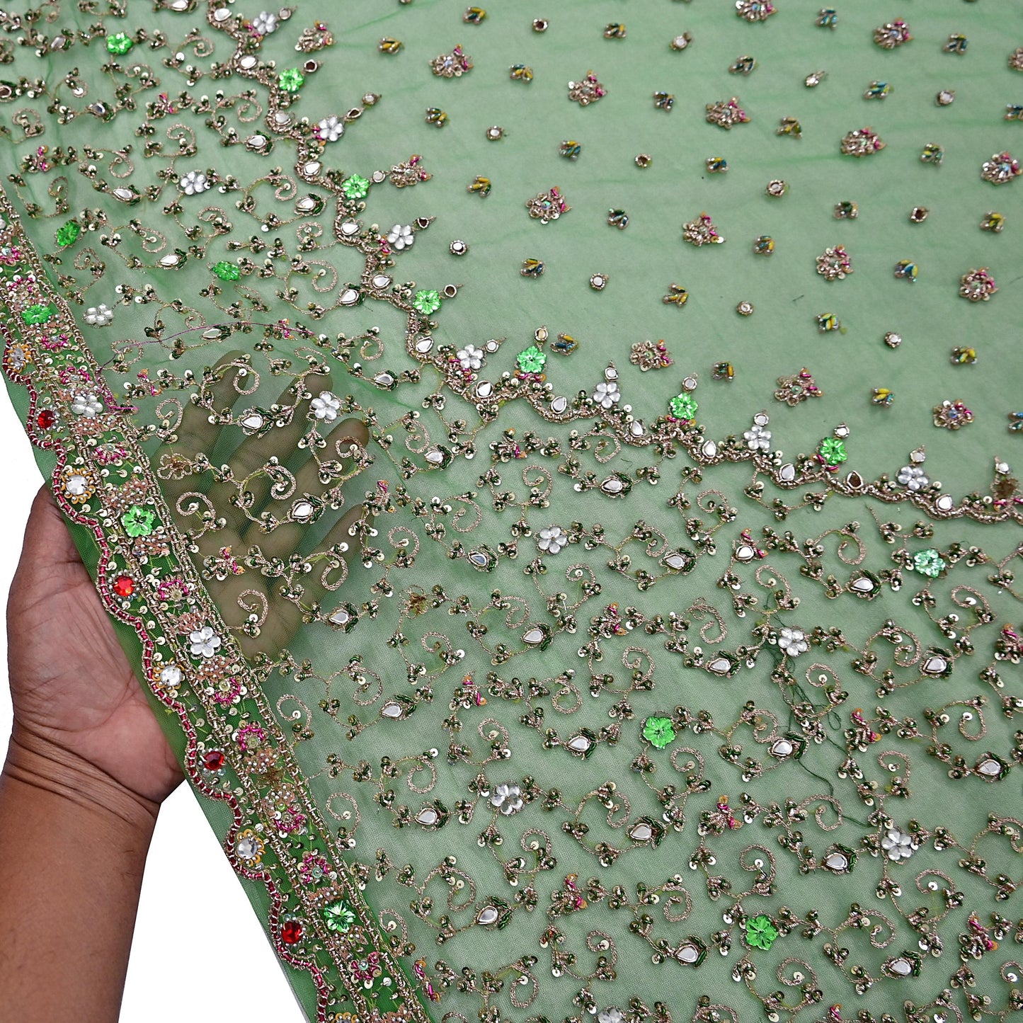 Indian Vintage Heavy Bridal Dupatta Hand Embroidered Green Net Mesh Veil Zardozi, Zari, Sequins Work Long Stole, Scarf, Hijab