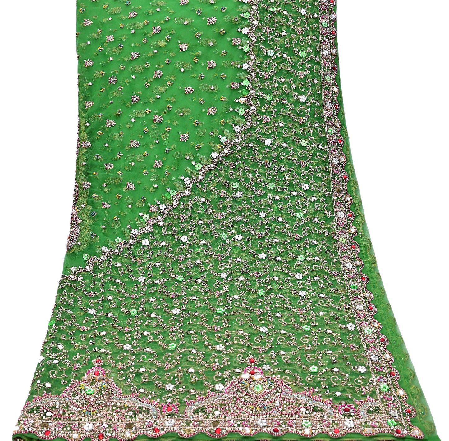 Indian Vintage Heavy Bridal Dupatta Hand Embroidered Green Net Mesh Veil Zardozi, Zari, Sequins Work Long Stole, Scarf, Hijab