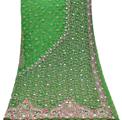 Indian Vintage Heavy Bridal Dupatta Hand Embroidered Green Net Mesh Veil Zardozi, Zari, Sequins Work Long Stole, Scarf, Hijab