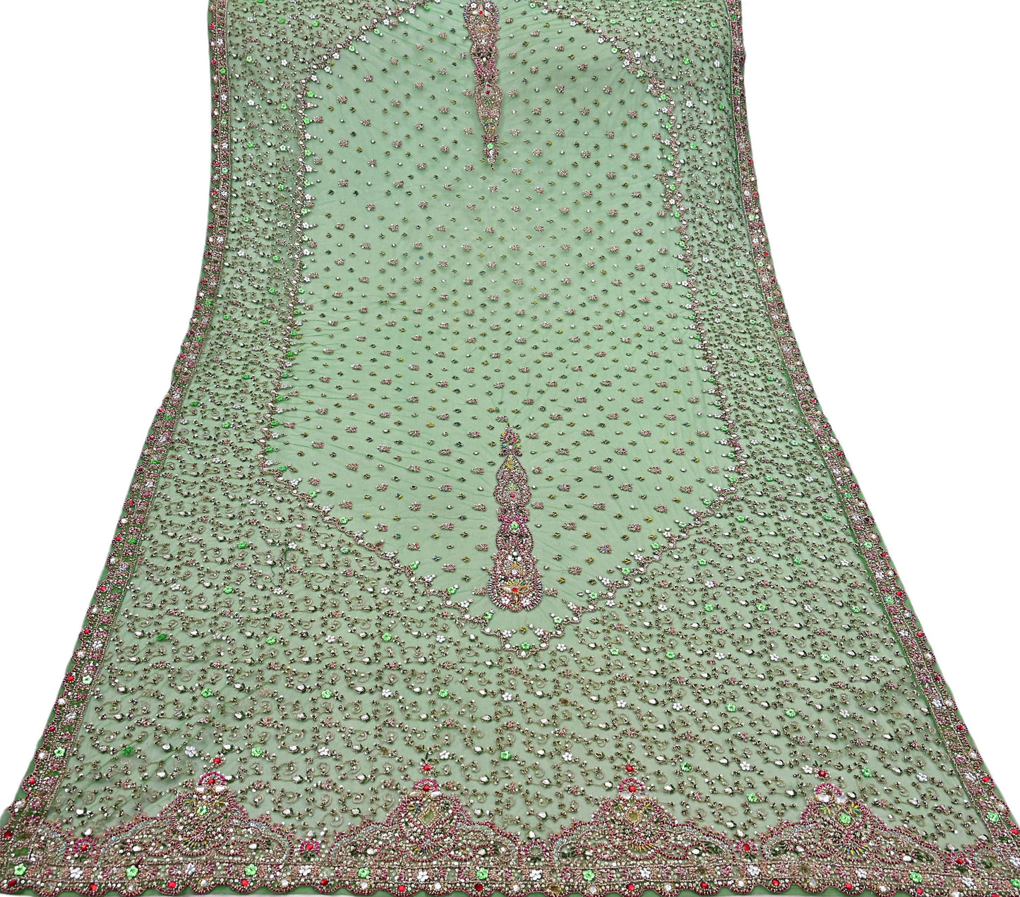 Indian Vintage Heavy Bridal Dupatta Hand Embroidered Green Net Mesh Veil Zardozi, Zari, Sequins Work Long Stole, Scarf, Hijab