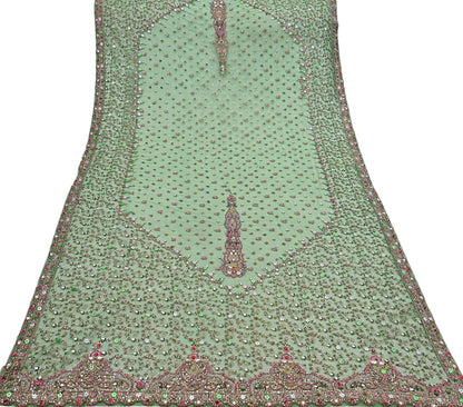 Indian Vintage Heavy Bridal Dupatta Hand Embroidered Green Net Mesh Veil Zardozi, Zari, Sequins Work Long Stole, Scarf, Hijab