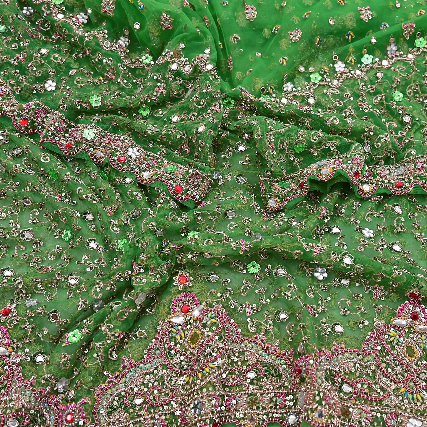 Indian Vintage Heavy Bridal Dupatta Hand Embroidered Green Net Mesh Veil Zardozi, Zari, Sequins Work Long Stole, Scarf, Hijab