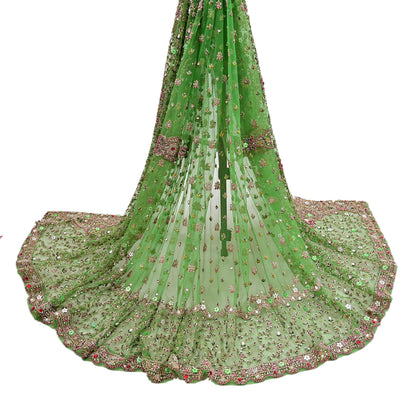 Indian Vintage Heavy Bridal Dupatta Hand Embroidered Green Net Mesh Veil Zardozi, Zari, Sequins Work Long Stole, Scarf, Hijab