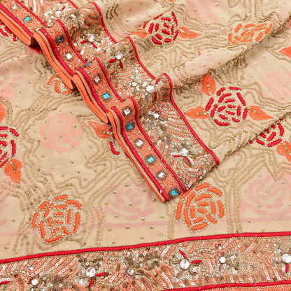 Indian Vintage Heavy Beige Dupatta Pure Georgette Silk Long Stole Hand Embroidered Scarf Zardozi/Dabka Wedding Hijab veil Boho