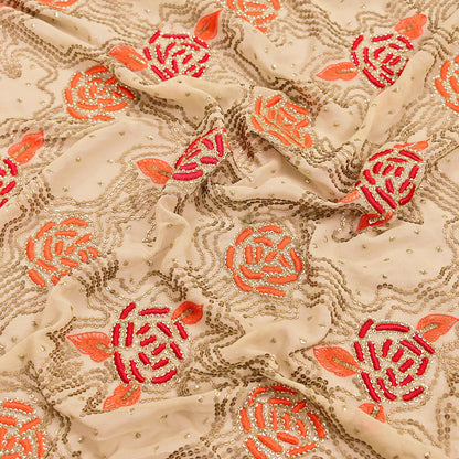 Indian Vintage Heavy Beige Dupatta Pure Georgette Silk Long Stole Hand Embroidered Scarf Zardozi/Dabka Wedding Hijab veil Boho