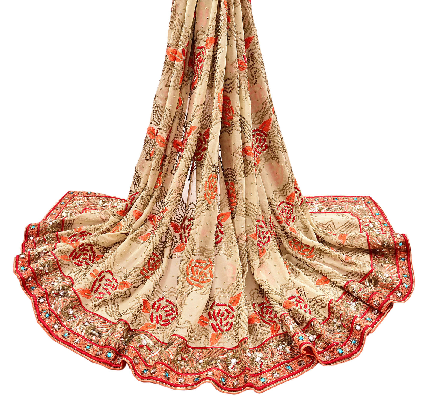 Indian Vintage Heavy Beige Dupatta Pure Georgette Silk Long Stole Hand Embroidered Scarf Zardozi/Dabka Wedding Hijab veil Boho