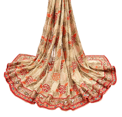 Indian Vintage Heavy Beige Dupatta Pure Georgette Silk Long Stole Hand Embroidered Scarf Zardozi/Dabka Wedding Hijab veil Boho