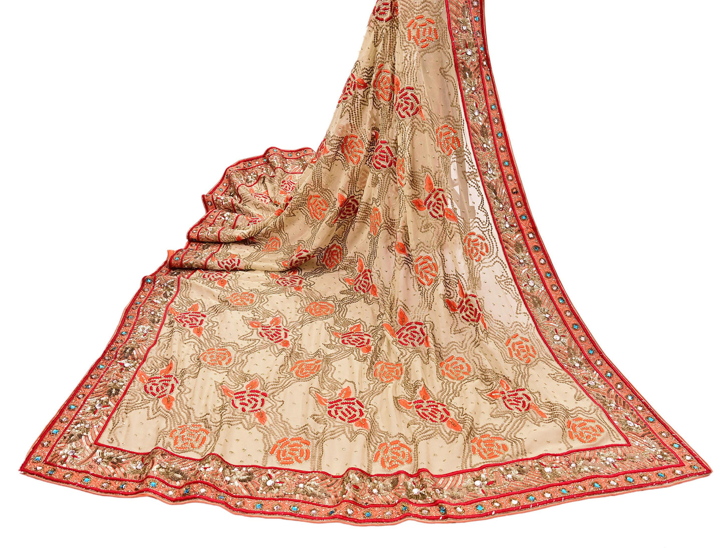 Indian Vintage Heavy Beige Dupatta Pure Georgette Silk Long Stole Hand Embroidered Scarf Zardozi/Dabka Wedding Hijab veil Boho