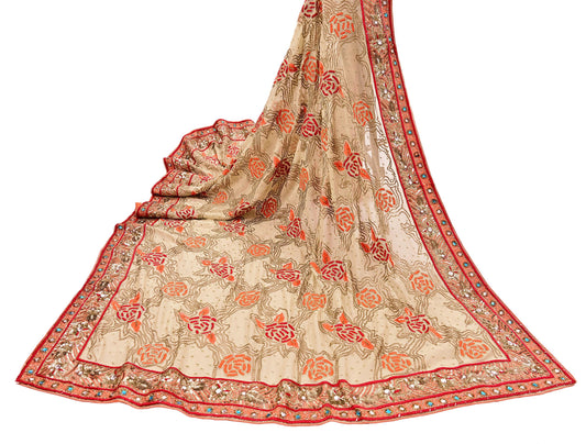 Indian Vintage Heavy Beige Dupatta Pure Georgette Silk Long Stole Hand Embroidered Scarf Zardozi/Dabka Wedding Hijab veil Boho
