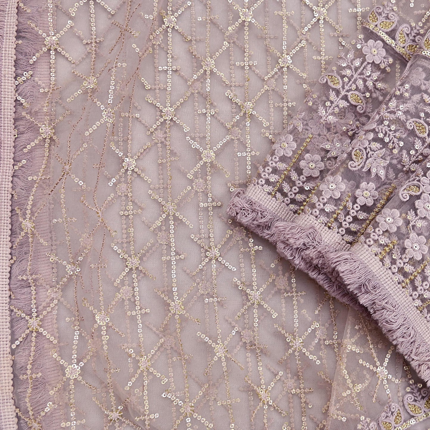Indian Vintage Heavy Dupatta Dusty Purple Net Mesh Long Stole Hand Embroidered Scarves Zardozi/Dabka Zari Sequins Wedding Hijab Veil