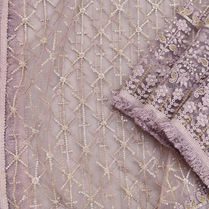 Indian Vintage Heavy Dupatta Dusty Purple Net Mesh Long Stole Hand Embroidered Scarves Zardozi/Dabka Zari Sequins Wedding Hijab Veil