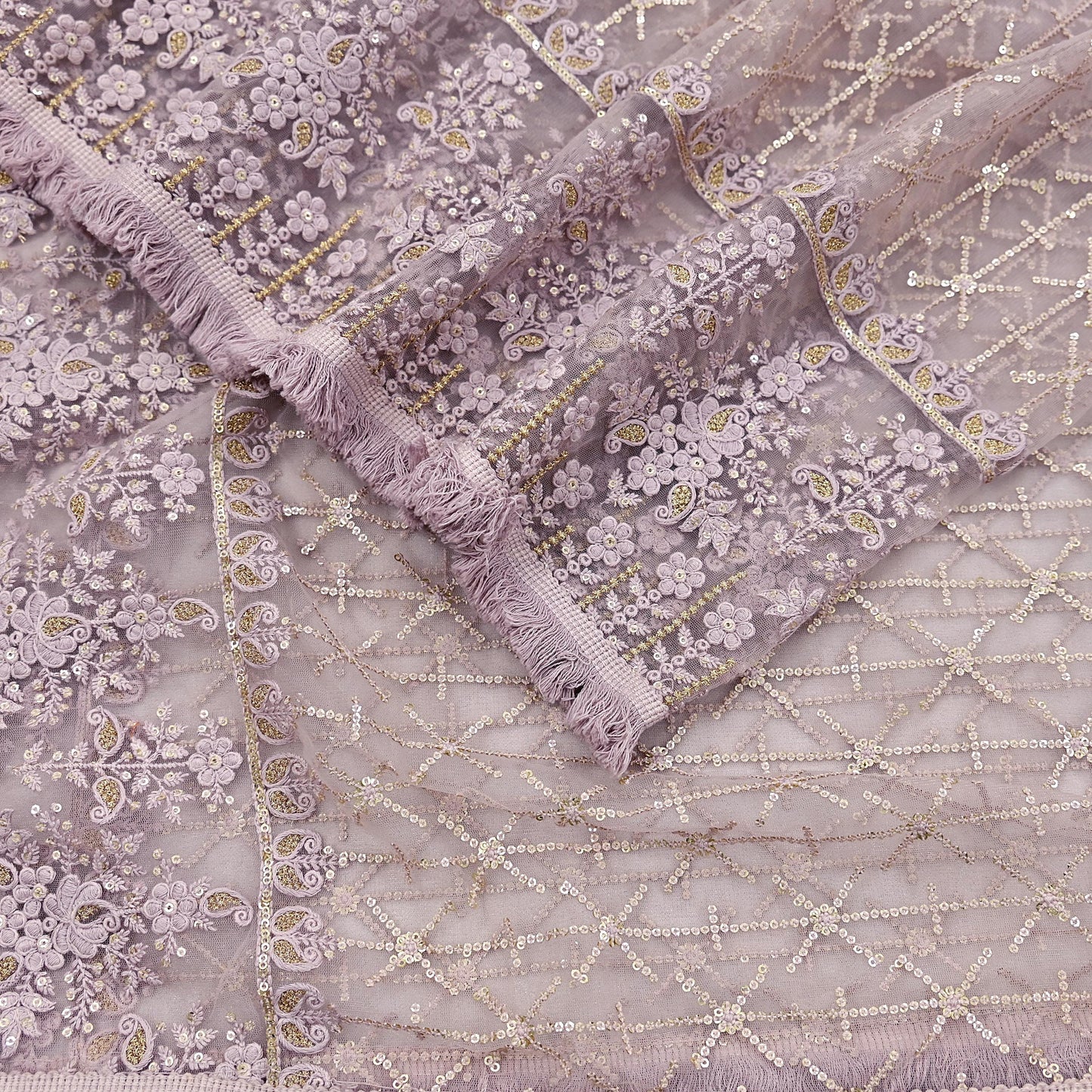 Indian Vintage Heavy Dupatta Dusty Purple Net Mesh Long Stole Hand Embroidered Scarves Zardozi/Dabka Zari Sequins Wedding Hijab Veil