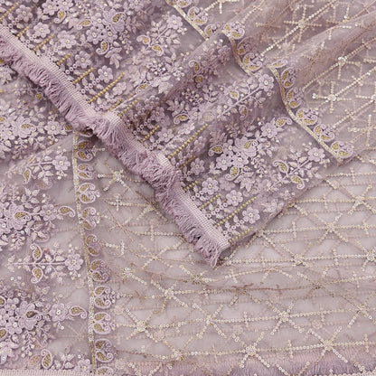 Indian Vintage Heavy Dupatta Dusty Purple Net Mesh Long Stole Hand Embroidered Scarves Zardozi/Dabka Zari Sequins Wedding Hijab Veil