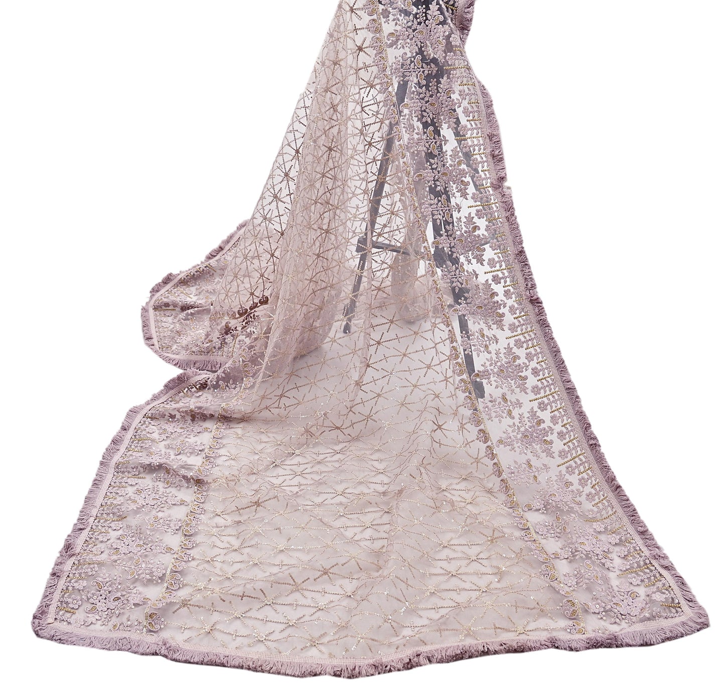 Indian Vintage Heavy Dupatta Dusty Purple Net Mesh Long Stole Hand Embroidered Scarves Zardozi/Dabka Zari Sequins Wedding Hijab Veil