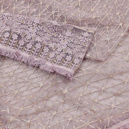 Indian Vintage Heavy Dupatta Dusty Purple Net Mesh Long Stole Hand Embroidered Scarves Zardozi/Dabka Zari Sequins Wedding Hijab Veil