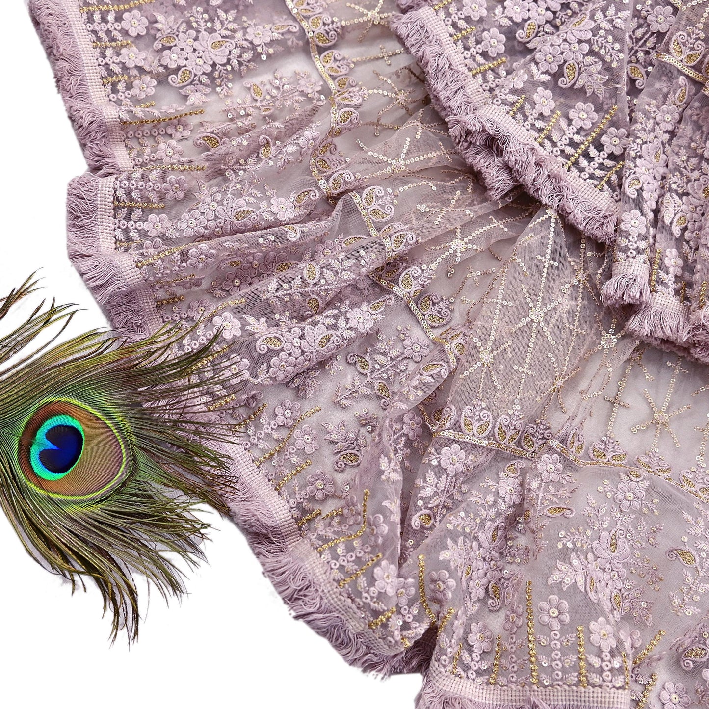 Indian Vintage Heavy Dupatta Dusty Purple Net Mesh Long Stole Hand Embroidered Scarves Zardozi/Dabka Zari Sequins Wedding Hijab Veil