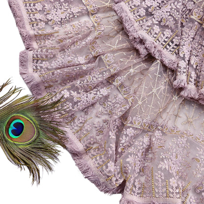 Indian Vintage Heavy Dupatta Dusty Purple Net Mesh Long Stole Hand Embroidered Scarves Zardozi/Dabka Zari Sequins Wedding Hijab Veil