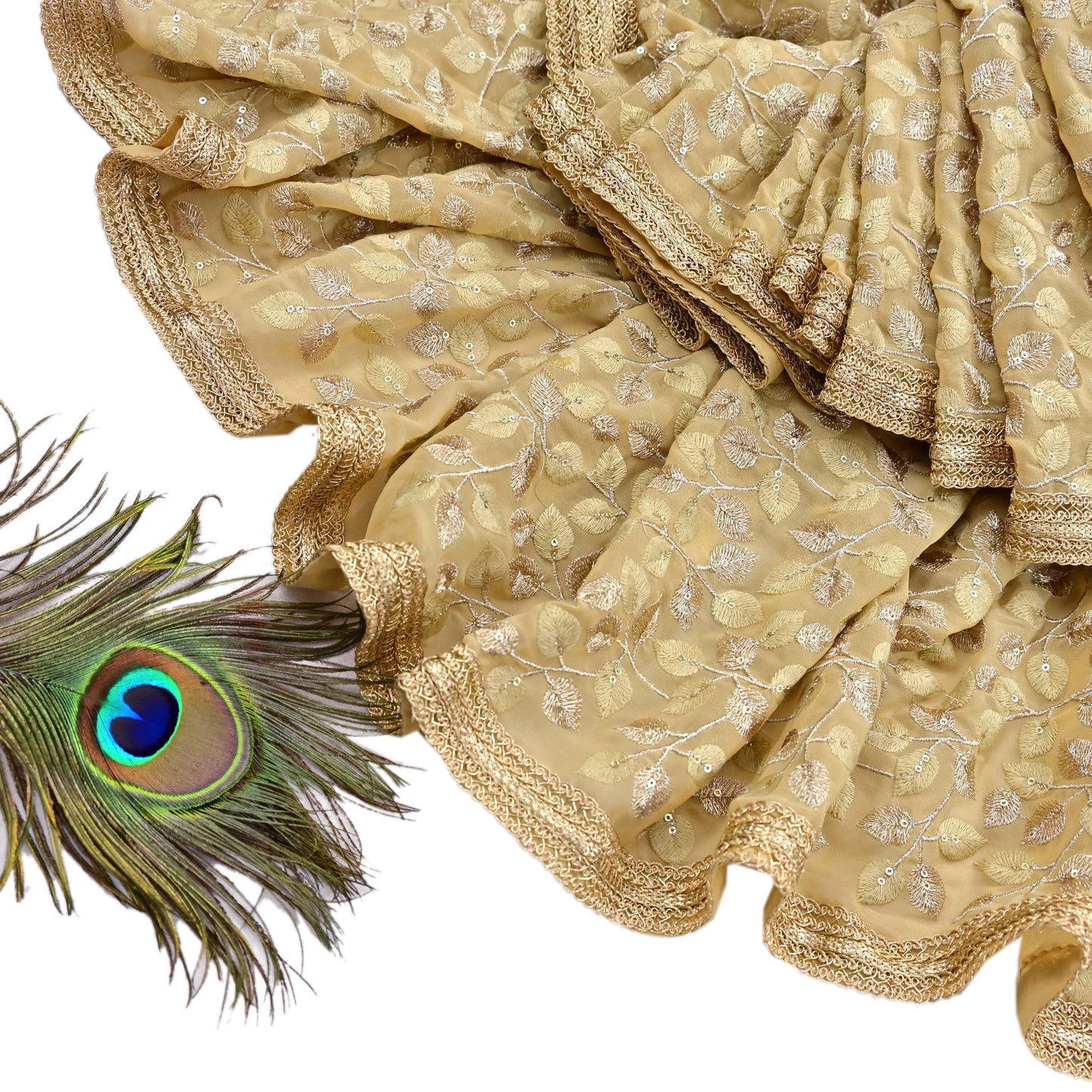 Indian Vintage Heavy Beige Dupatta Pure Georgette silk Long Stole Hand Embroidered Scarves Stole Veil Wrap Sequins