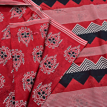 Indian Vintage Red Saree Printed 100% Pure Cotton Sari Craft Fabric 5Yd Soft Sewing Sarong Wrap Dress Making Quilting Crafting