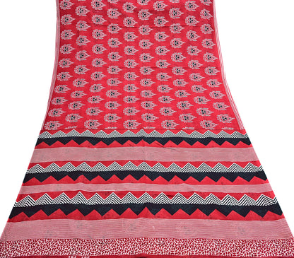Indian Vintage Red Saree Printed 100% Pure Cotton Sari Craft Fabric 5Yd Soft Sewing Sarong Wrap Dress Making Quilting Crafting