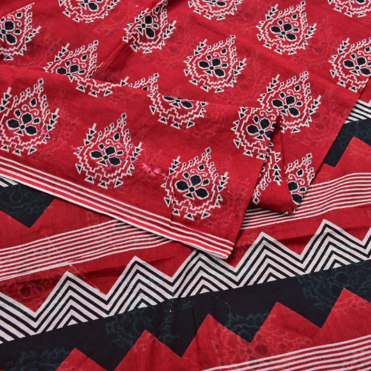 Indian Vintage Red Saree Printed 100% Pure Cotton Sari Craft Fabric 5Yd Soft Sewing Sarong Wrap Dress Making Quilting Crafting