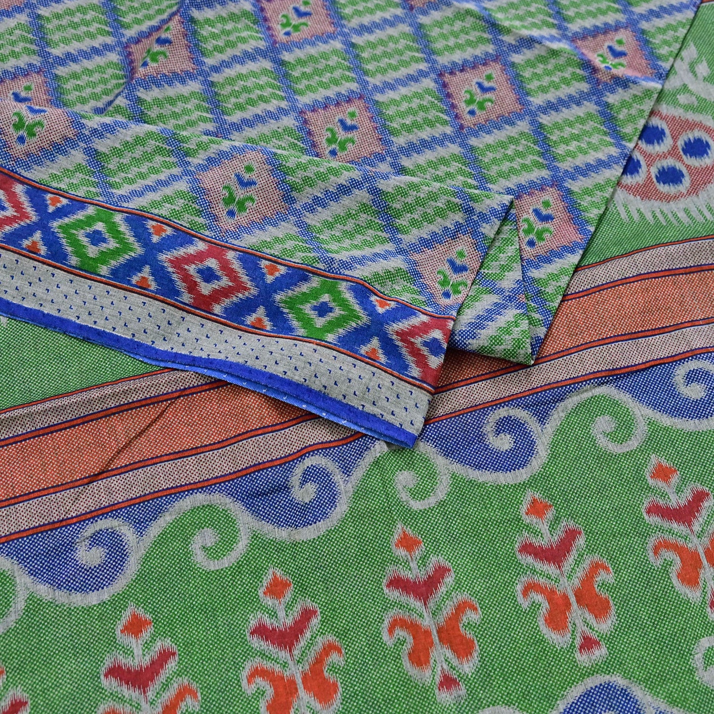 Indian Vintage Sari Green & Blue Pure Cotton Printed Sarees Craft Fabric 5Yd Soft Sewing Sarong Wrap Boho Floral Quilting Upcycle Crafting