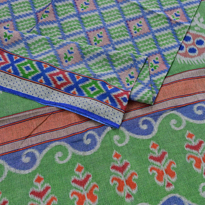 Indian Vintage Sari Green & Blue Pure Cotton Printed Sarees Craft Fabric 5Yd Soft Sewing Sarong Wrap Boho Floral Quilting Upcycle Crafting