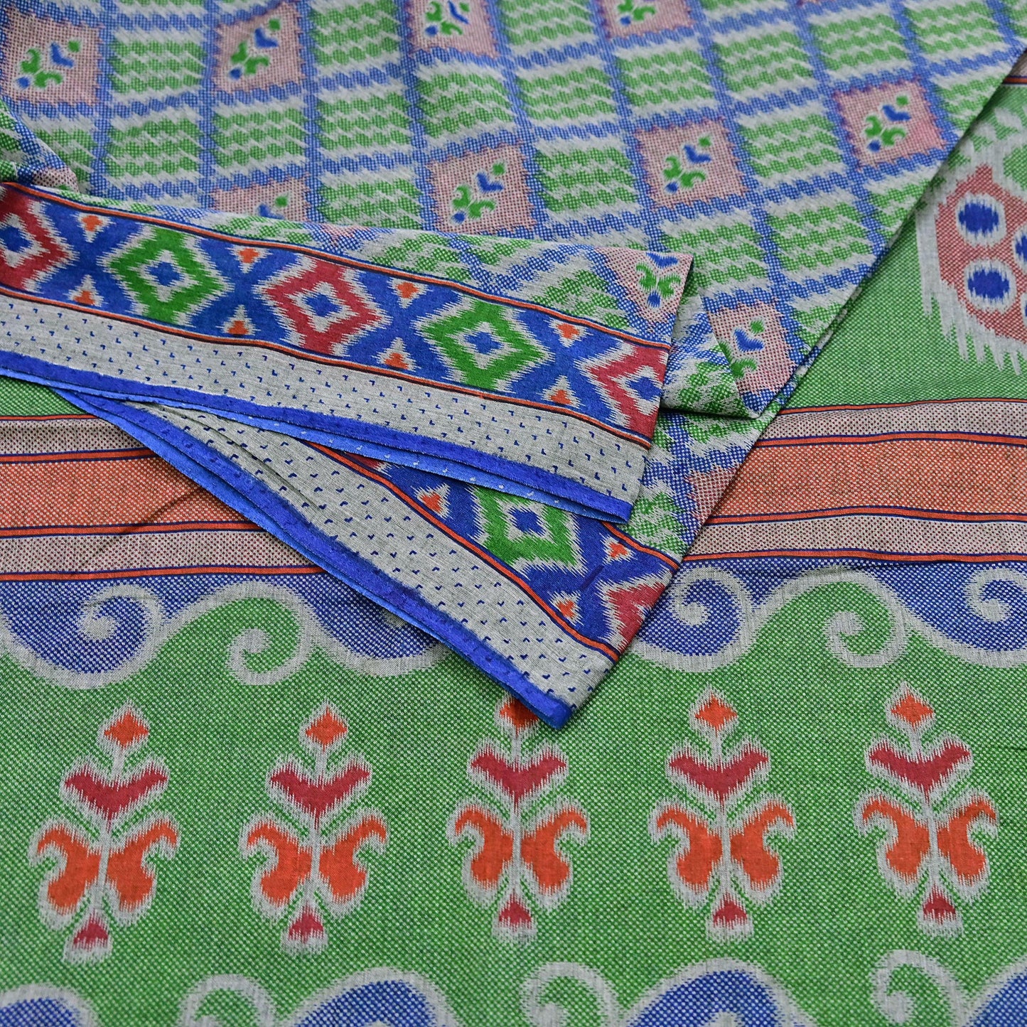 Indian Vintage Sari Green & Blue Pure Cotton Printed Sarees Craft Fabric 5Yd Soft Sewing Sarong Wrap Boho Floral Quilting Upcycle Crafting