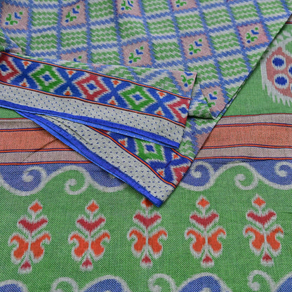 Indian Vintage Sari Green & Blue Pure Cotton Printed Sarees Craft Fabric 5Yd Soft Sewing Sarong Wrap Boho Floral Quilting Upcycle Crafting