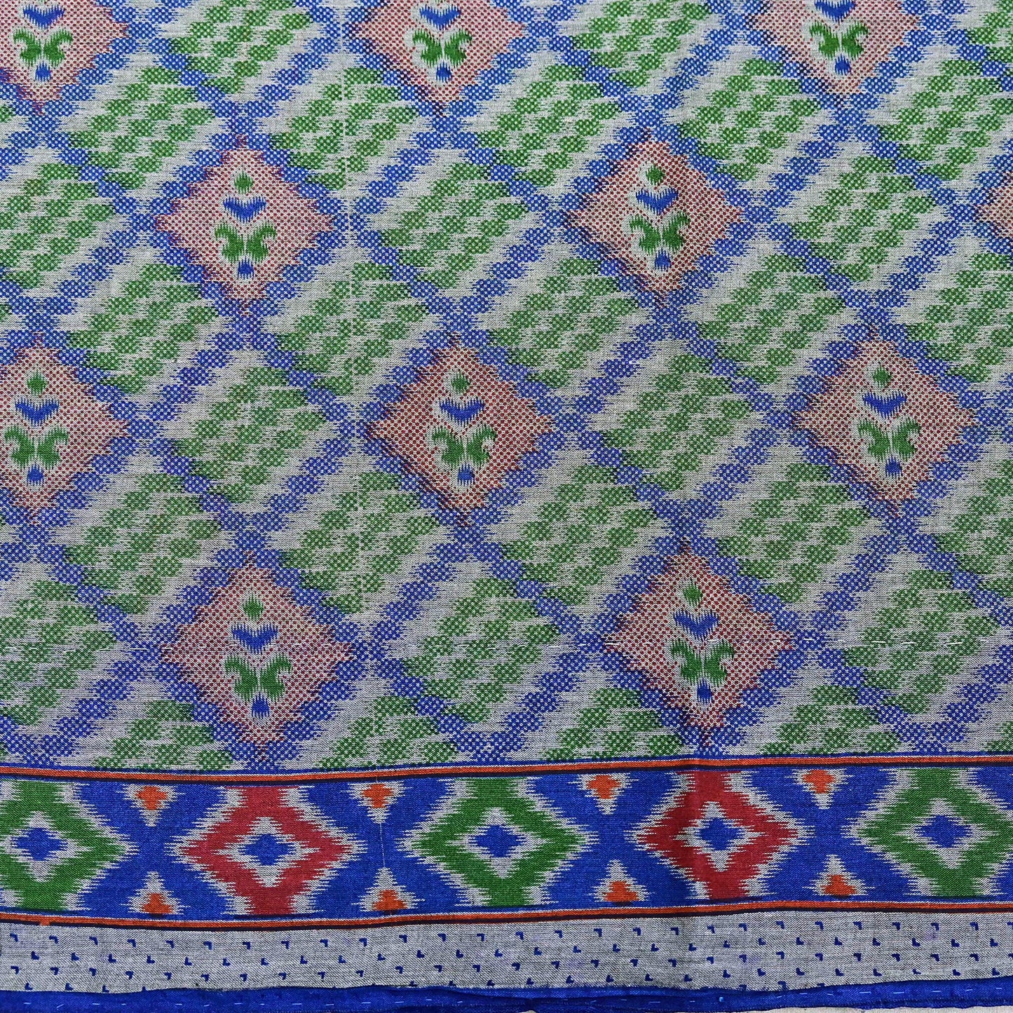 Indian Vintage Sari Green & Blue Pure Cotton Printed Sarees Craft Fabric 5Yd Soft Sewing Sarong Wrap Boho Floral Quilting Upcycle Crafting